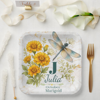 Plato De Papel Flor de nacimiento de octubre, Caléndula y libélul