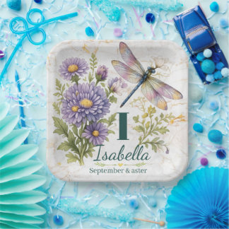 Plato De Papel Flor de nacimiento de septiembre Aster y libélula