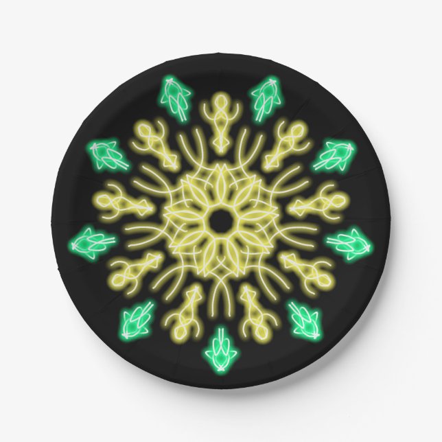 Plato De Papel Flor de neón amarillo y verde (Anverso)