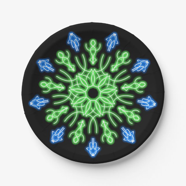 Plato De Papel Flor de neón verde y azul (Anverso)