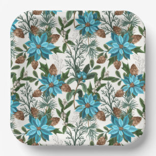 Plato De Papel Flor de Nochebuena Azul y Pinos