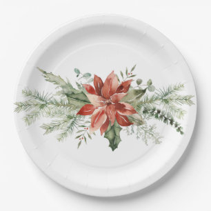 Plato De Papel Flor de Nochebuena Roja con Siempreverdes de Navid