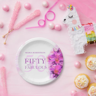 Plato De Papel Flor de orquídea acuarela 50 cumpleaños nombre per