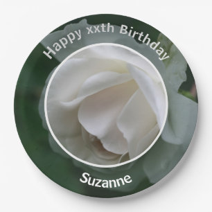 Plato De Papel Flor de rosa blanca personalizada Feliz cumpleaños