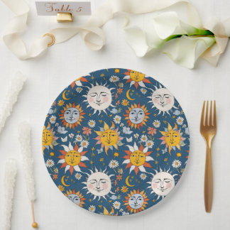 Plato De Papel Flor de Sol y Luna en Azules y Amarillos