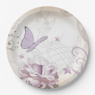 Plato De Papel Flor de vinagre de lavanda, mariposa, música, cerr