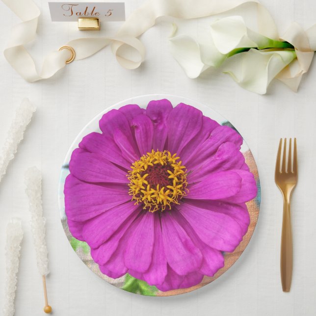 Plato De Papel Flor de zinnia morada en flor (Boda)