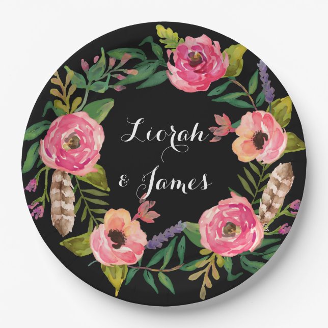 Plato De Papel Flor dulce y romántica de acuarela (Anverso)