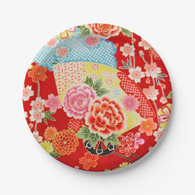 Plato De Papel Flor floral de Kimono Japonés Amarillo Rojo (Anverso)