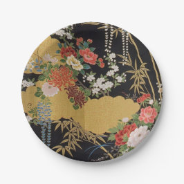 Plato De Papel Flor floral kimono japonesa negra y dorada