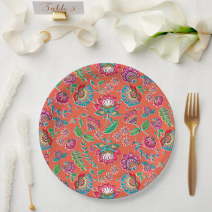 Plato De Papel Flor folk flores naranja brillante patrón floral b