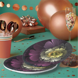 Plato De Papel Flor Fractal Gris Purpura Moderna Abstracta