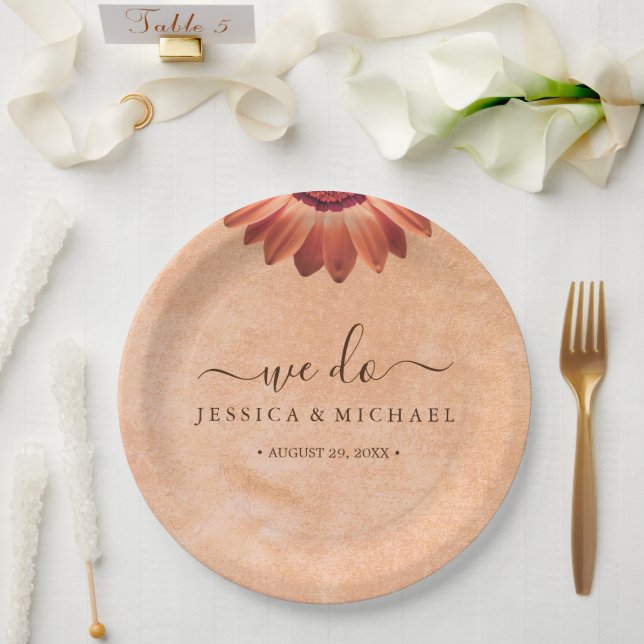 Plato De Papel Flor Gerbera en el Boda de melocotón abstracto (Boda)