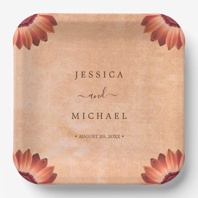 Plato De Papel Flor Gerbera en el Boda de melocotón abstracto (Anverso)