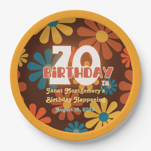 Plato De Papel Flor hippie retro 70 cumpleaños (Anverso)