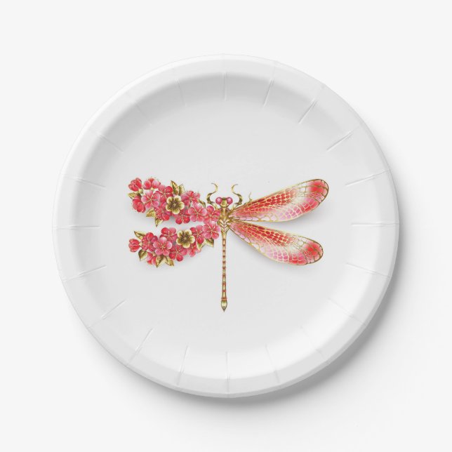 Plato De Papel Flor libélula con sakura de joyas (Anverso)