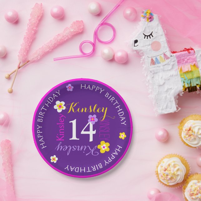 Plato De Papel Flor nombre personalizado edad 14 cumpleaños púrpu (Fiesta)