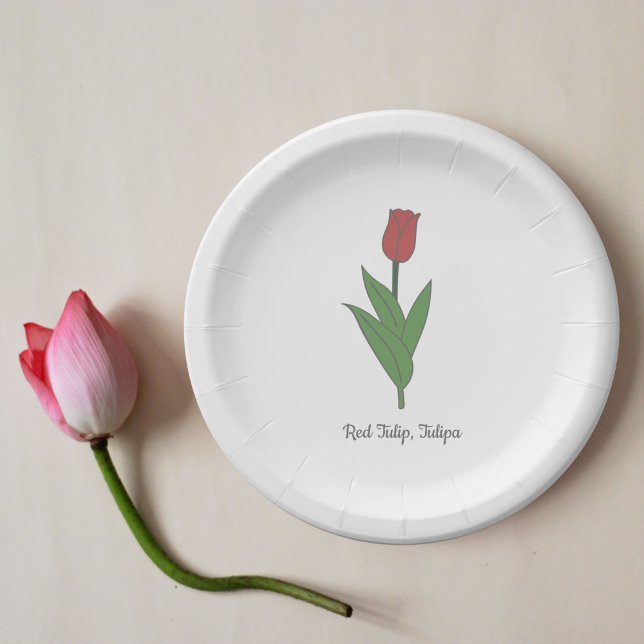 Plato De Papel Flor Pastel de Tulipanes Rojos Botánicos (Botanical Red Tulip Paper Plates)
