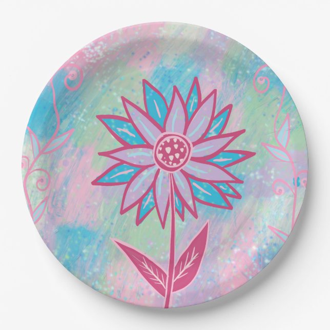 Plato De Papel Flor Pastel dibujada a mano (Anverso)