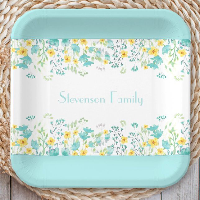 Plato De Papel Flor Primavera Azul Amarillo Amarillo Flor Familia (Floral Spring Blue Yellow Wildflowers Family Name Paper)
