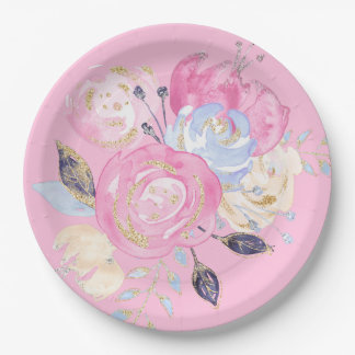 Plato De Papel Flor Purpurina Pastel Gold