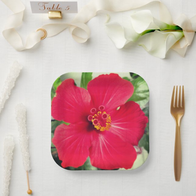 Plato De Papel Flor roja de Hibiscus Rosa-sinensis (Boda)
