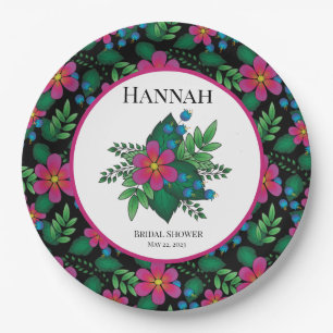 Plato De Papel Flor rosa caliente en negro