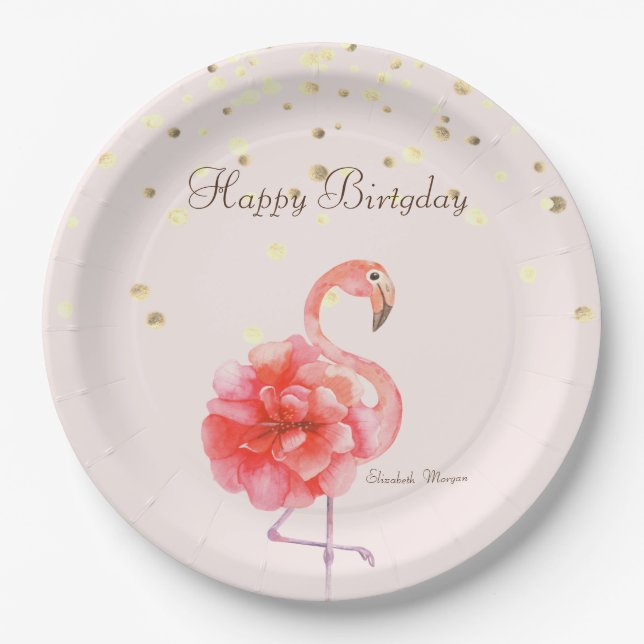 Plato De Papel Flor rosa de flamenco,Confetán de oro (Anverso)