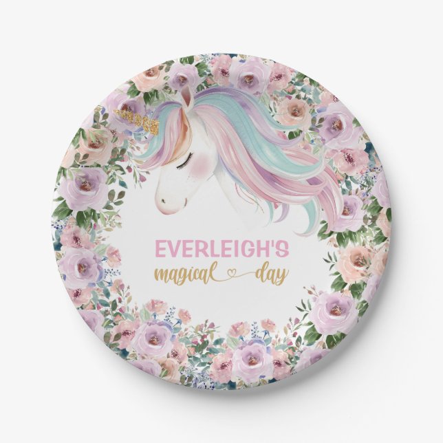 Plato De Papel Flor rosa de unicornio mágico, primer cumpleaños (Anverso)
