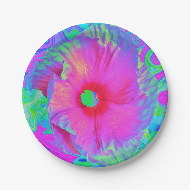 Plato De Papel Flor rosa psicodélica y roja hibiscus (Anverso)