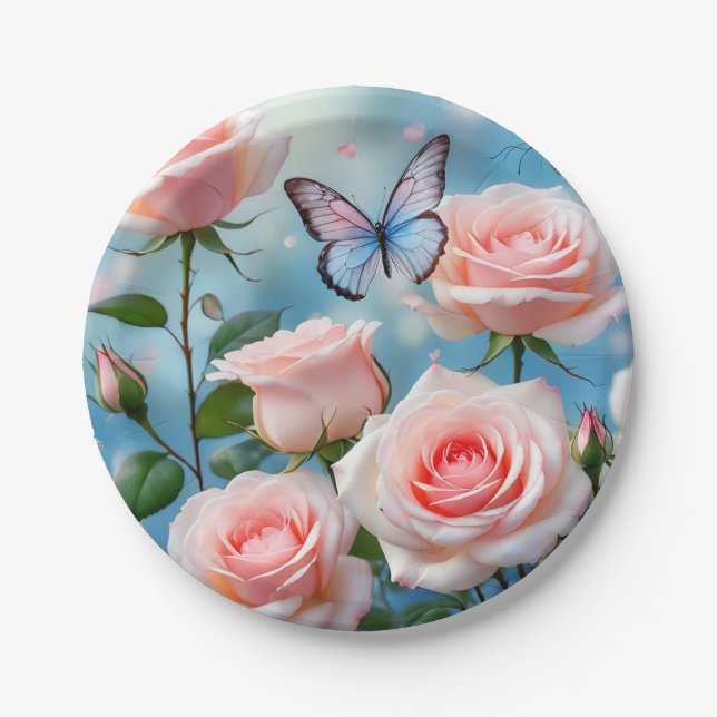 Plato De Papel Flor rosa rosa suave mariposa azul (Anverso)