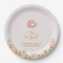Plato De Papel Flor rosa y dorada tema es una ducha de bebé chica