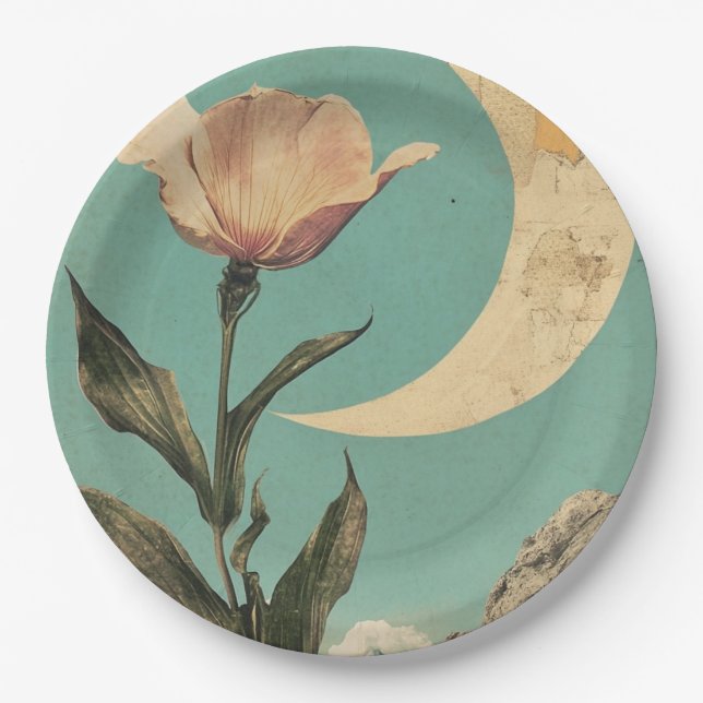 Plato De Papel Flor rosa y luna creciente (Anverso)