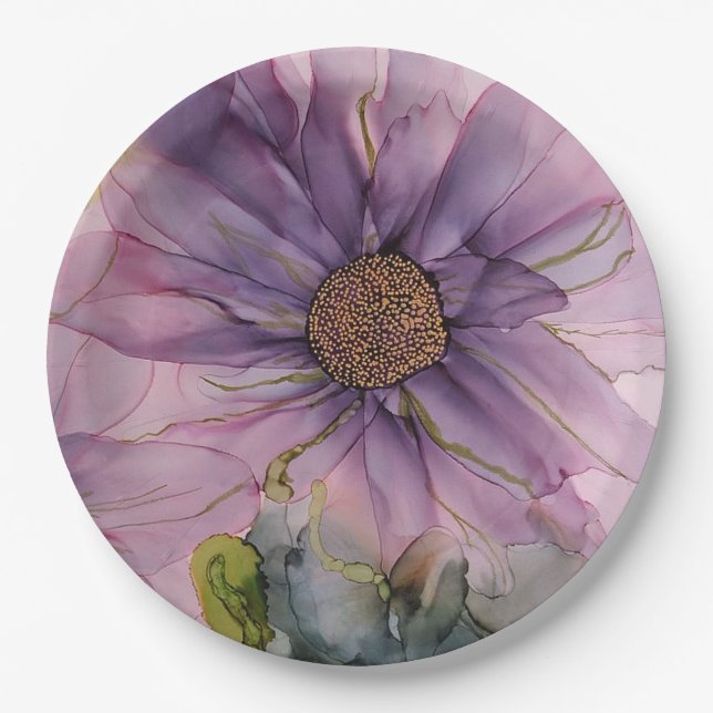 Plato De Papel flor rosa y morada de tinta de alcohol (Anverso)