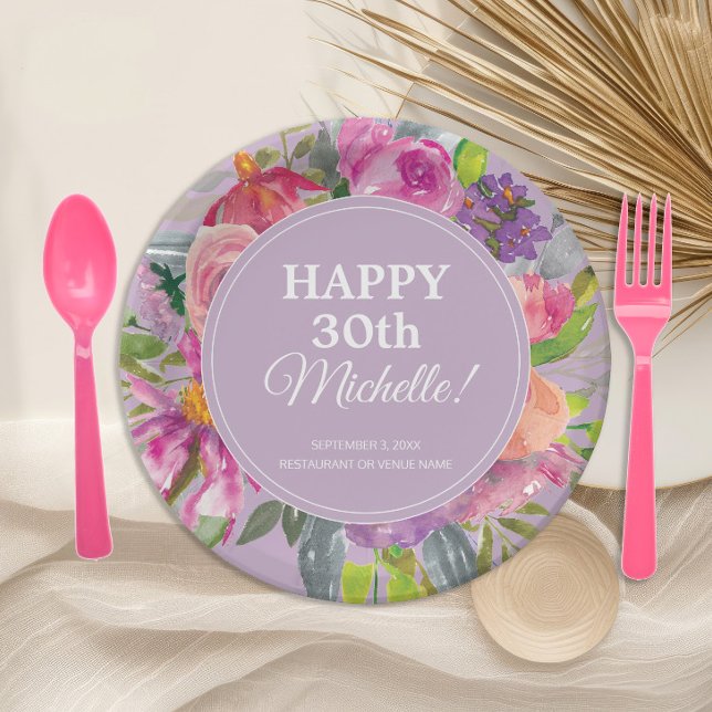 Plato De Papel Flor salvaje morada rosada 30 cumpleaños (Elegant pink and purple watercolor floral 30th birthday party paper plates)