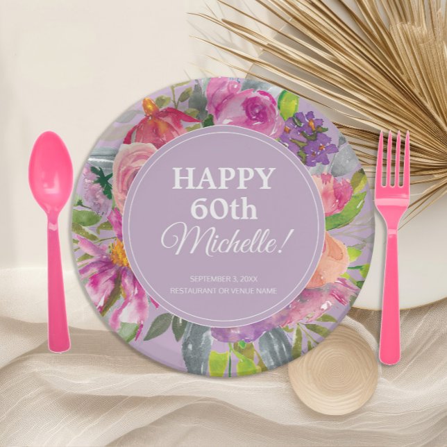 Plato De Papel Flor salvaje púrpura rosa 60 cumpleaños (Purple and pink watercolor floral 60th birthday party paper plates)