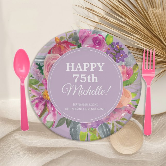 Plato De Papel Flor salvaje púrpura rosa 75 cumpleaños (Elegant purple and pink watercolor wildflowers 75th birthday party paper plates)