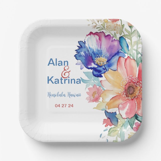 Plato de Papel Flor Silvestre Audaz Azul Rosa Melo (Anverso)