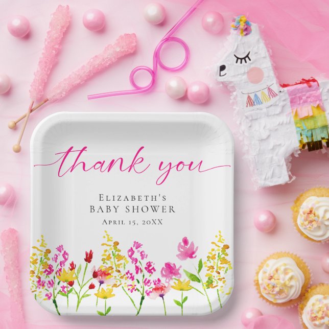 Plato De Papel Flor silvestre Baby Shower acuarela Chica floral r (Fiesta)