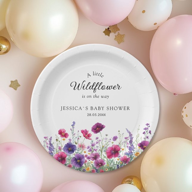 Plato De Papel Flor silvestre, Baby Shower morado-rosada (Wildflower, Purple-Pink-Flower Custom Baby Shower Paper Plates.)
