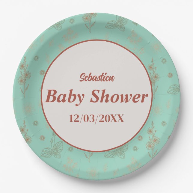 Plato De Papel Flor silvestre Boho Baby Shower Plate Floral Rus (Anverso)