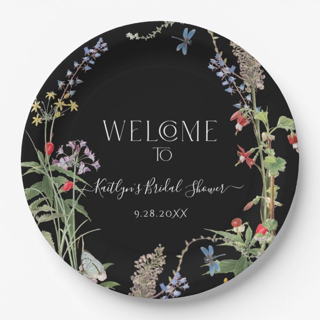 Plato De Papel Flor silvestre Boho Floral Black Welcome Briower (Anverso)