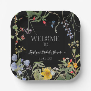 Plato De Papel Flor silvestre Flor Boho Negro Bienvenida Ducha de