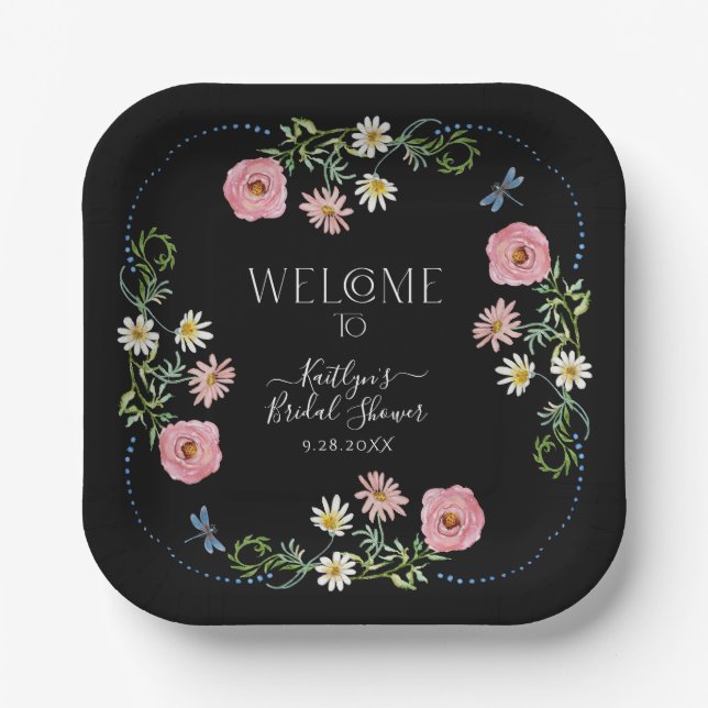 Plato De Papel Flor silvestre floral Daisy Boho Black Bridal Show (Anverso)