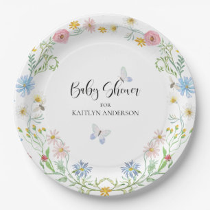 Plato De Papel Flor silvestre Floral rosa azul mariposa Baby Show