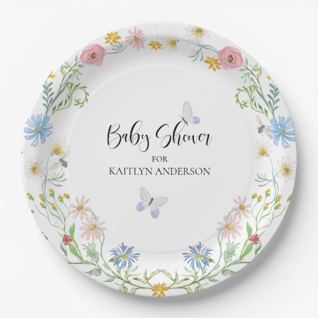 Plato De Papel Flor silvestre Floral rosa azul mariposa Baby Show (Anverso)