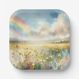 Plato De Papel Flor silvestre pradera con arcoiris