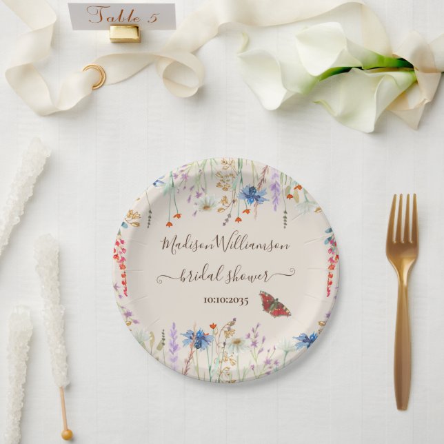 Plato De Papel Flor silvestre pradera mariposa ducha de novia (Boda)