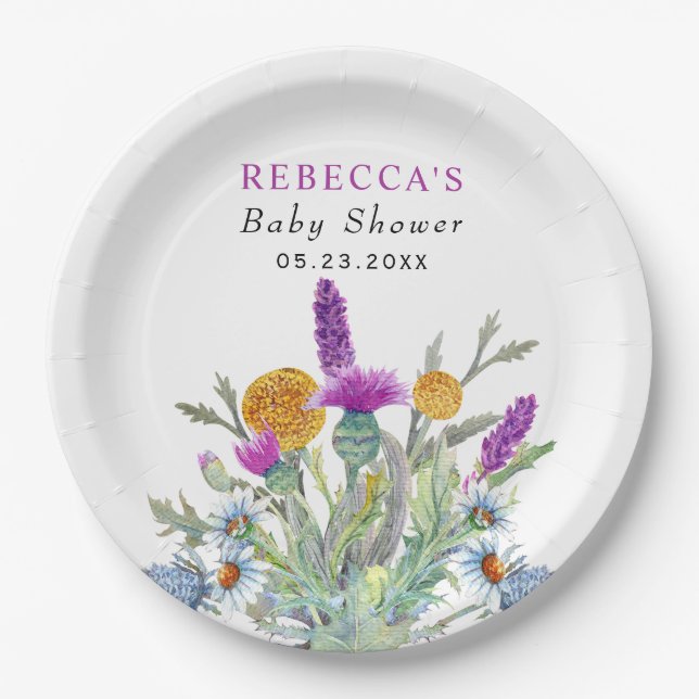 Plato De Papel Flor silvestre primavera verde Baby Shower (Anverso)