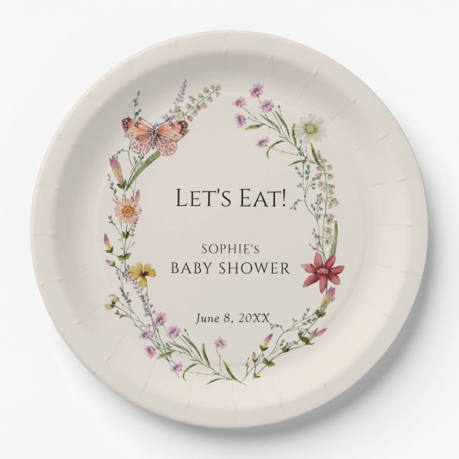 Plato De Papel Flor Silvestre Quiere Un Baby Shower En Bloom (Anverso)